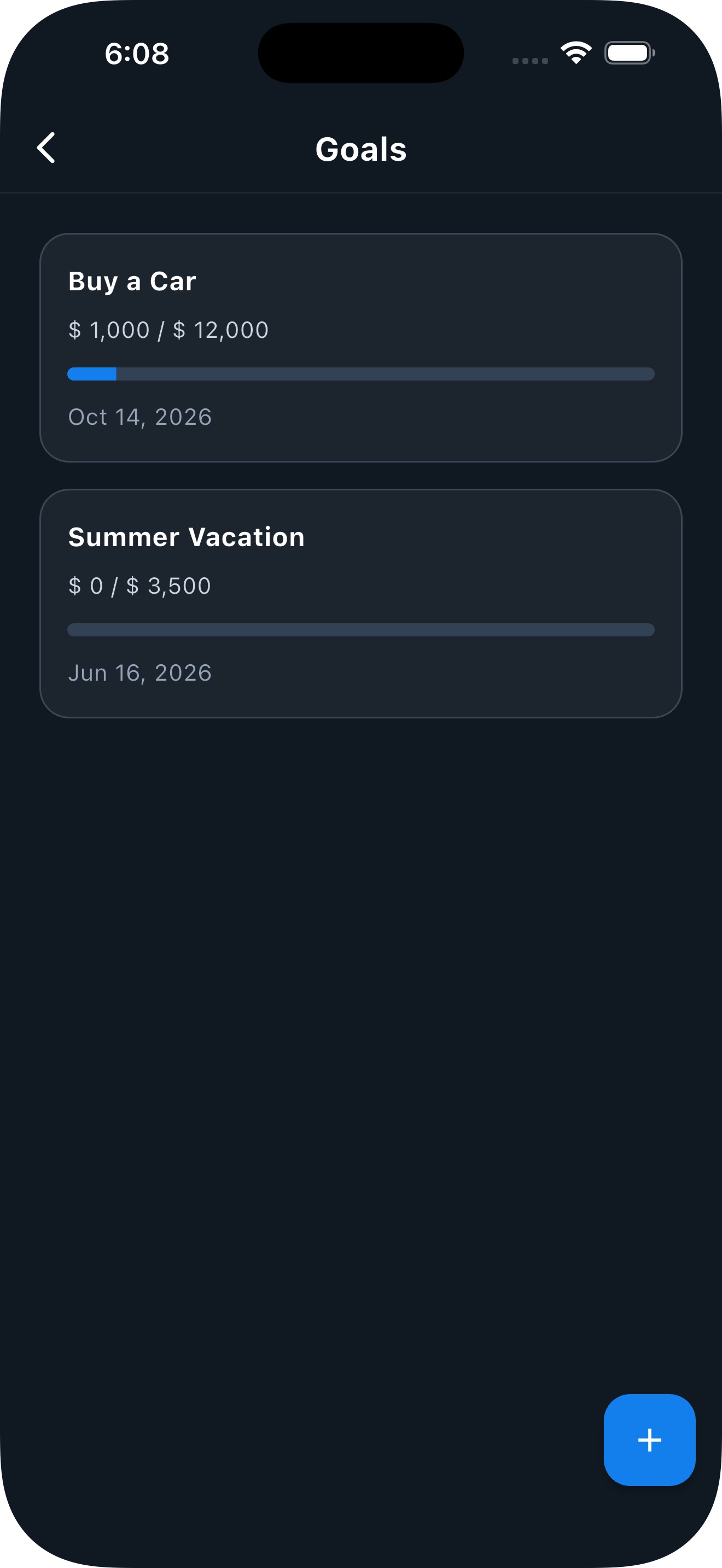 Spendary savings goals screen
