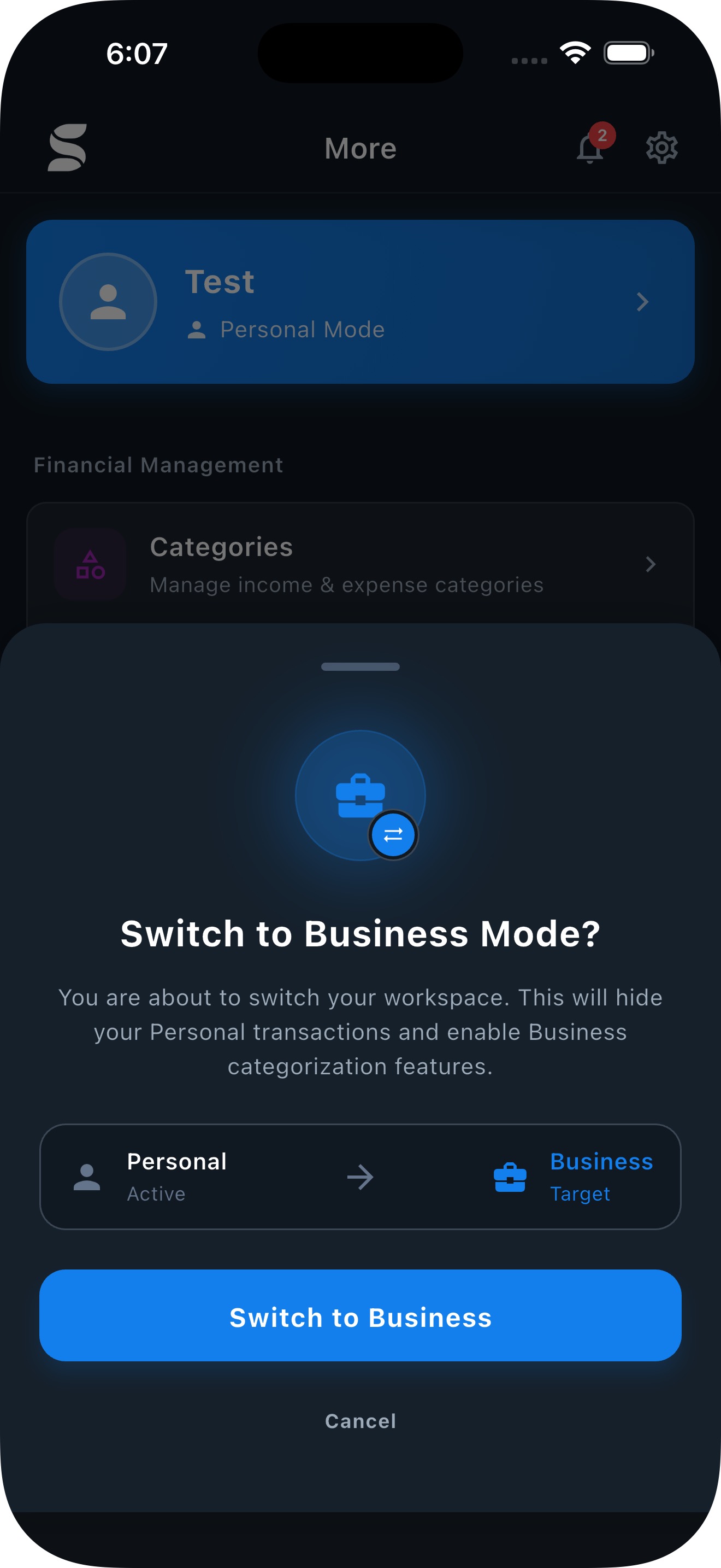 Switch between Spendary personal and business modes
